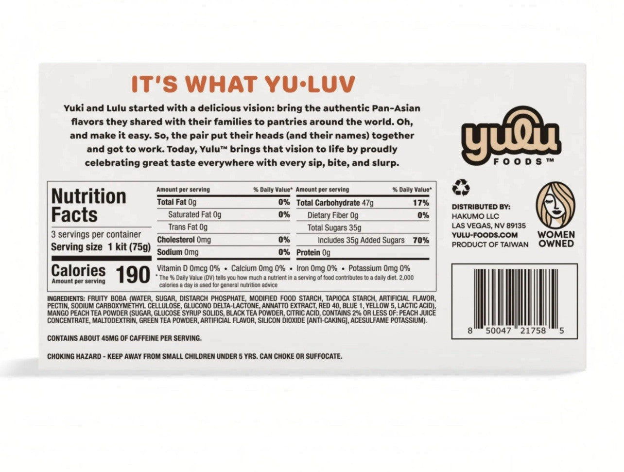 🔵 New Yulu Foods MANGO PEACH Instant Boba Milk Tea Bubble 3-Kits Box 7.94oz