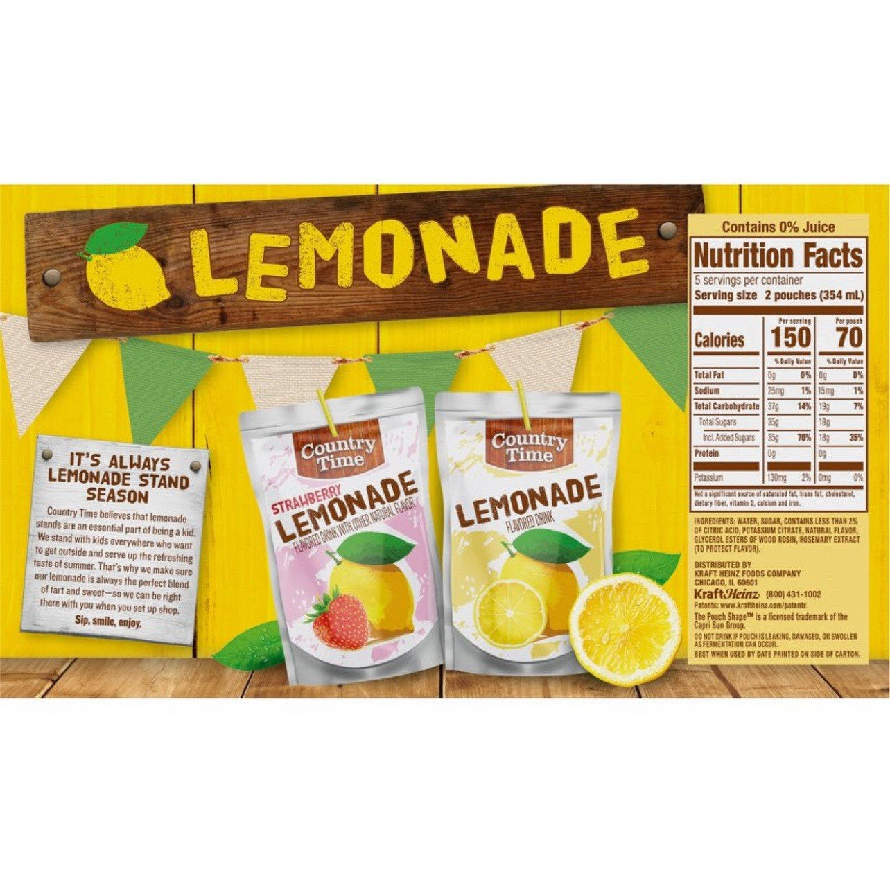 ⚫️ New Country Time Lemon Lemonade Juice Fruit Box 60 FL OZ (10 Pouches)
