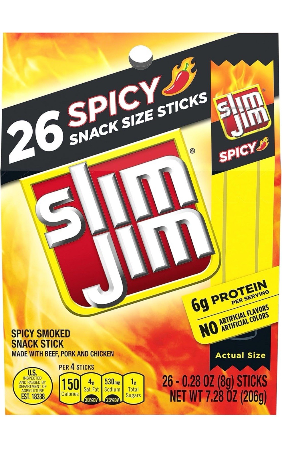 🟠New Slim Jim Spicy Smoked Beef Pork Snack 6g Protein 7.28oz (26 Sticks)