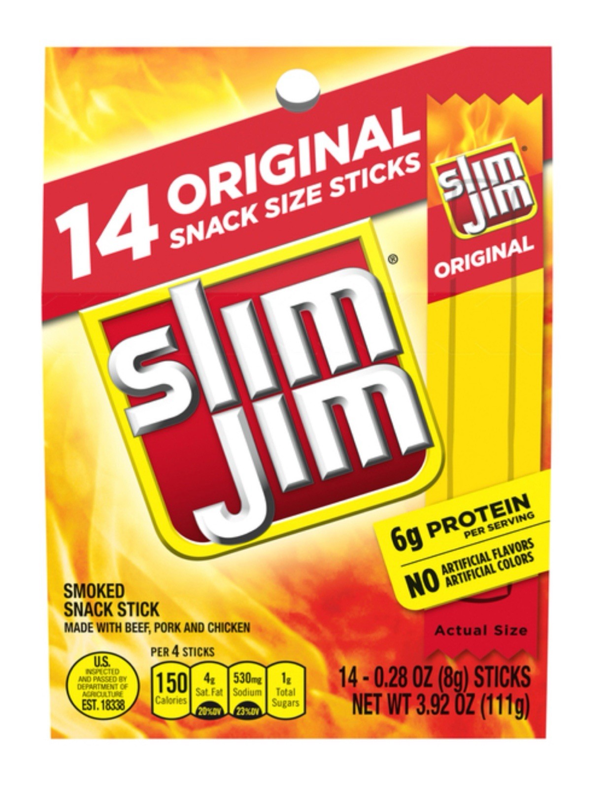 🔵 New Slim Jim Original Smoked Beef Chicken Pork 6g Protein 3.92oz (14 Sticks)