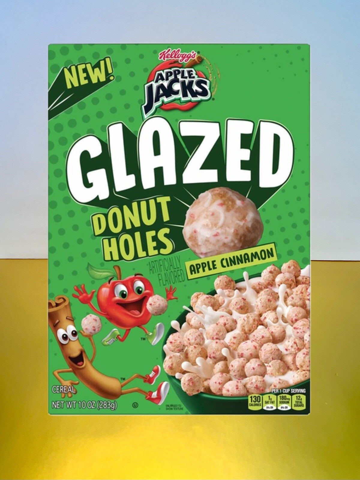 〽️ New Kelloggs Apple Jacks GLAZED Donut Holes Apple Cinnamon Cereal Box 10oz