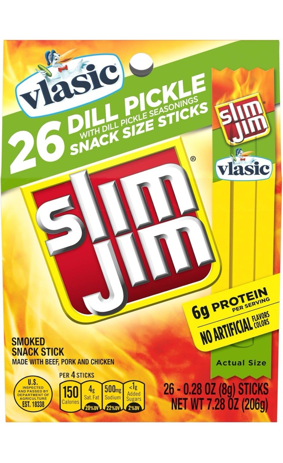 🔵 New Slim Jim Vlasic Dill Pickle Smoked Snack 6g Protein 3.92oz (26 Sticks)