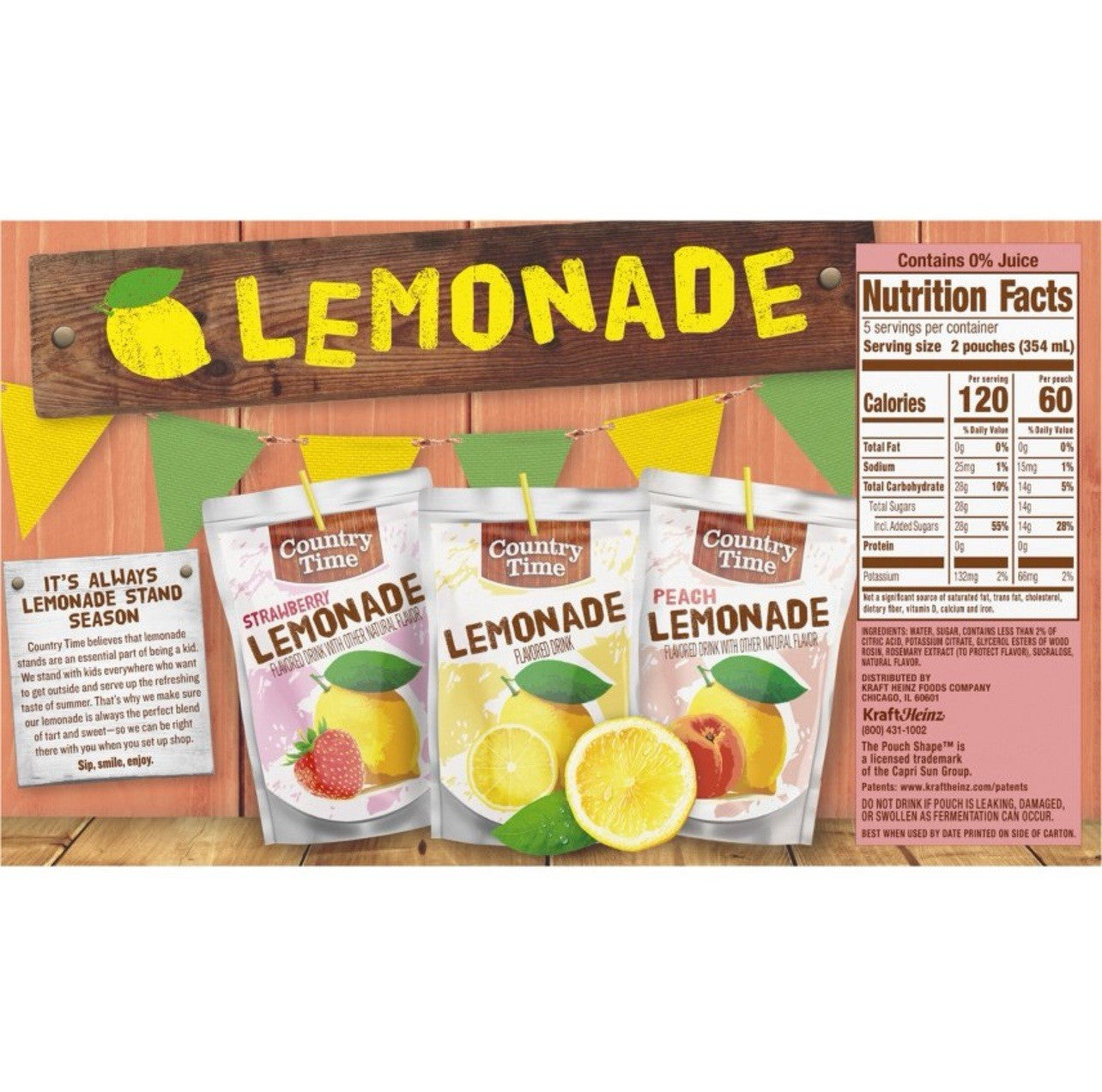 ⚫️ New Country Time Peach Lemonade Juice Fruit Box 60 FL OZ (10 Pouches)