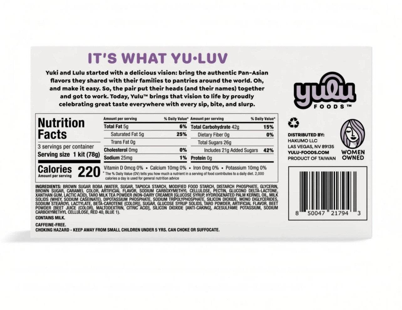 🔵 New Yulu Foods TARO Taiwan Instant Boba Milk Tea Bubble 3-Kits Box 8.25oz