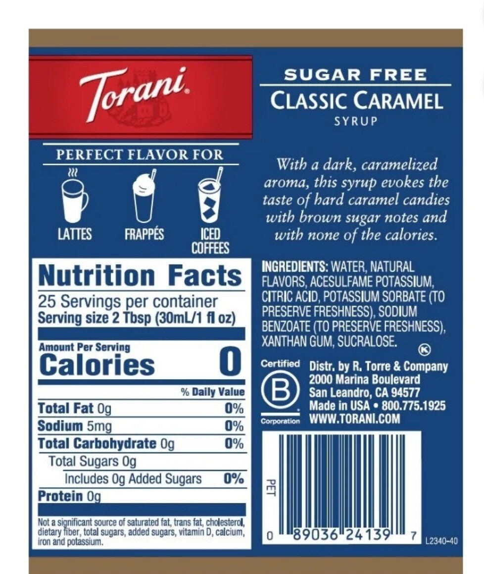 🟠New Torani Classic Caramel Sugar Free 375ML Cane Sugar Syrup Bottle 12.7 FL Oz