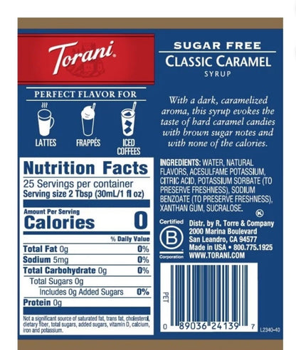 🟠New Torani Classic Caramel Sugar Free 375ML Cane Sugar Syrup Bottle 12.7 FL Oz
