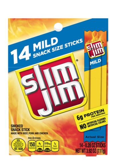 🔵New Slim Jim Mild Smoked Beef Chicken Pork 6g Protein Snack 3.92oz (14 Sticks)