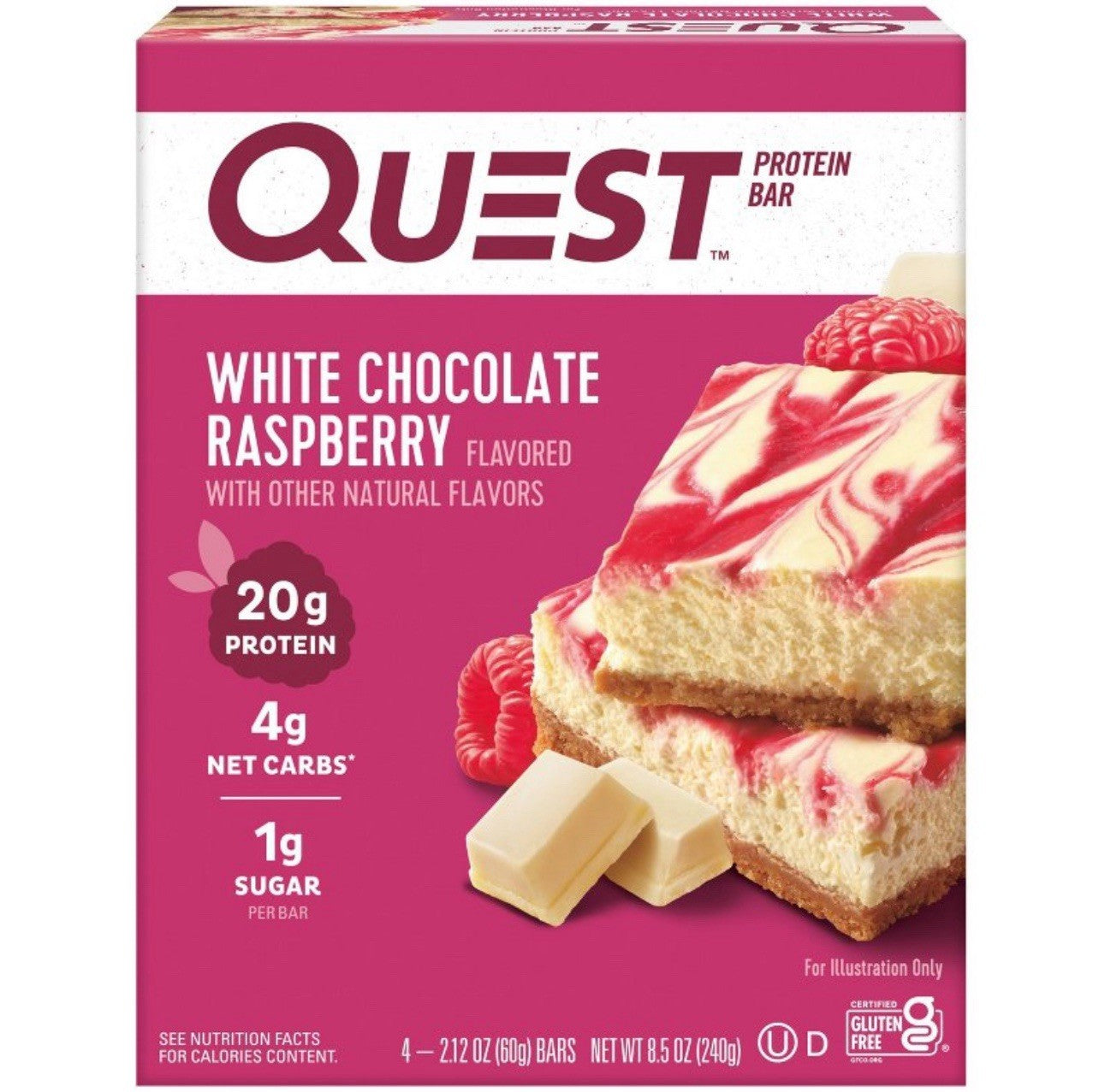 🟣New QUEST White Chocolate Raspberry 20g Protein 4g Net Carbs Bar 8.5oz (1 Box)