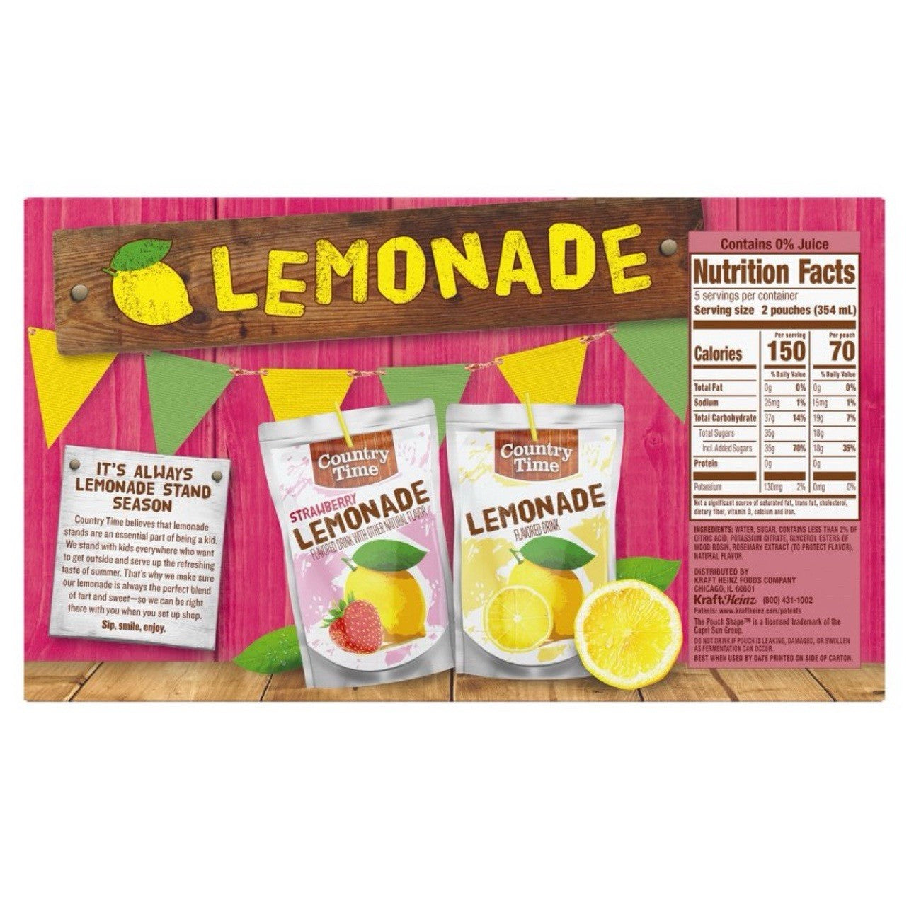 ⚫️ New Country Time Strawberry Lemonade Juice Fruit Box 60 FL OZ (10 Pouches)