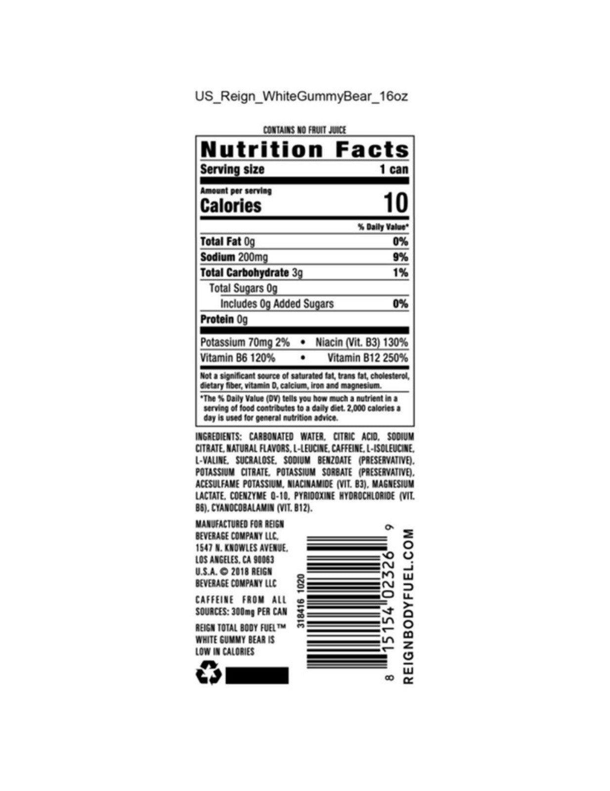 🟡Reign Total Body Fuel White Gummy Bear Fitness Performance Drink 16oz (1 Can)