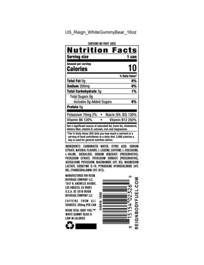 🟡Reign Total Body Fuel White Gummy Bear Fitness Performance Drink 16oz (1 Can)